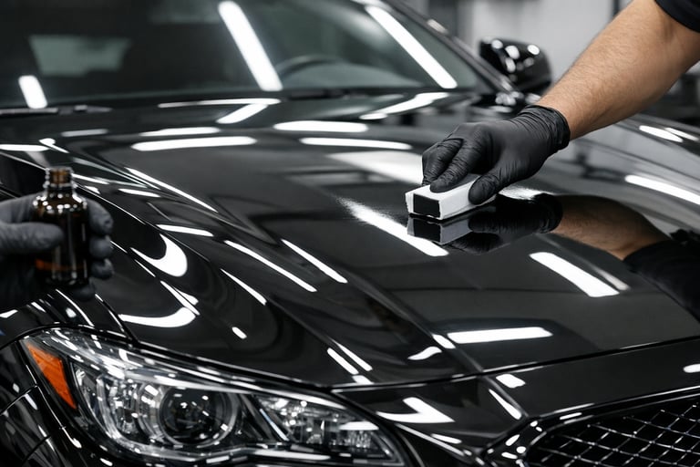 Professional ceramic coating application on a pristine vehicle surface showing mirror-like gloss and deep paint clarity Professional ceramic coating application on a pristine vehicle surface showing mirror-like gloss and deep paint clarity
