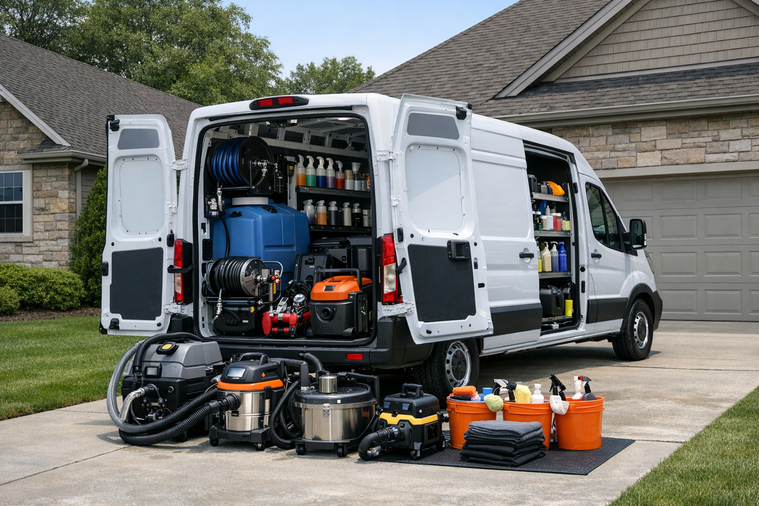 Clean mobile detailing van with professional equipment parked in residential driveway